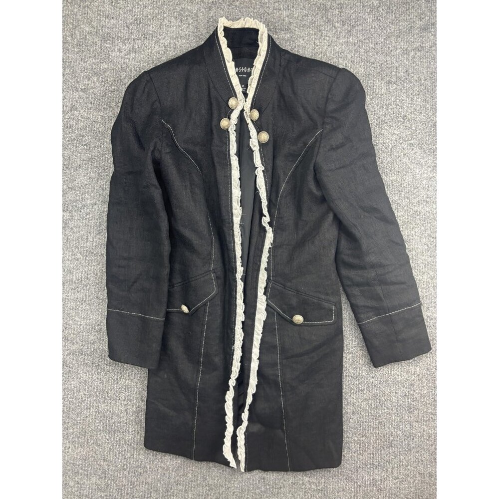Insight New‎ York Coat Womens 12 Black Linen Ruffle Trim Button Overcoat